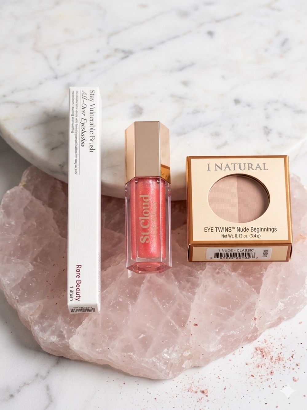 Shimmer Lip Gloss Coral Pink-Radiant Shine eyeshadow and rare beauty brush